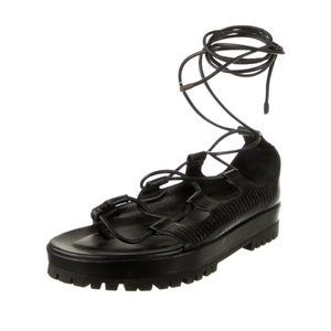 Tamara Mellon Embossed Leather Lace Up Black Flatform Gladiator Sandals 7.5